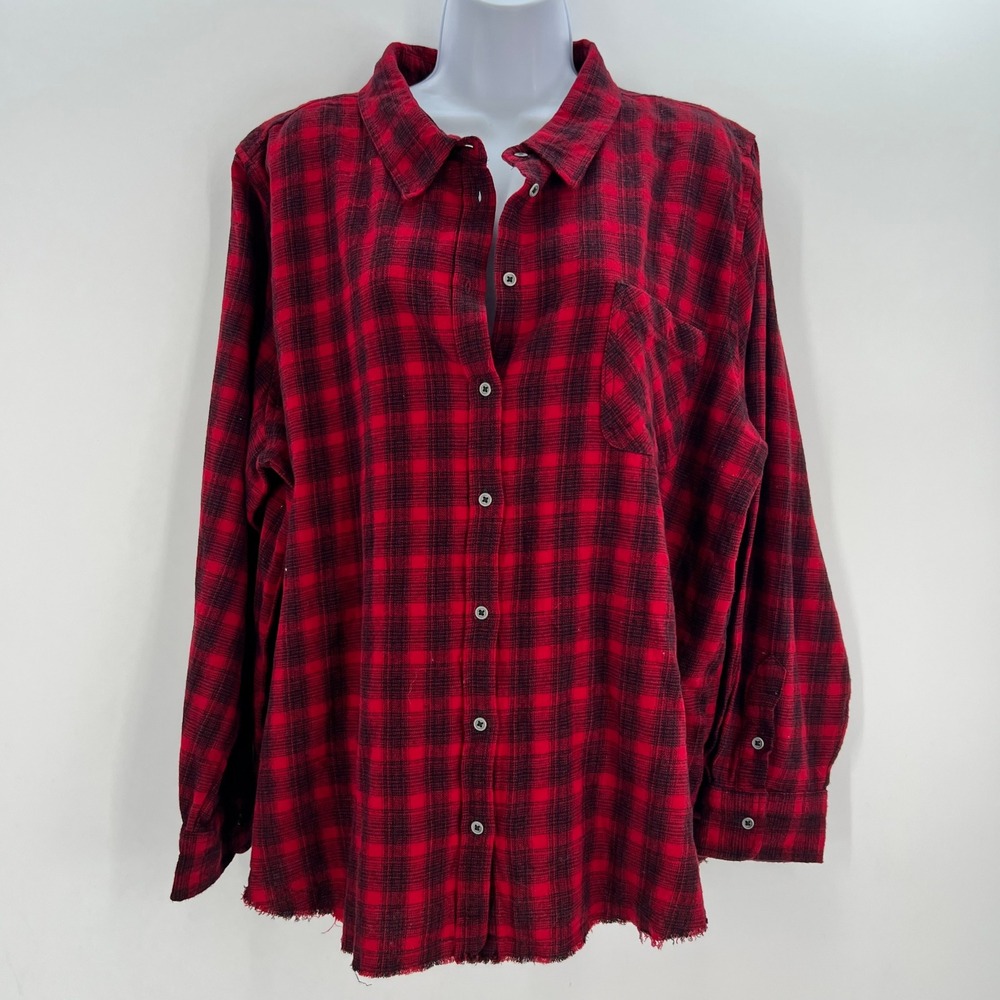 Lucky Brand Red Plaid Flannel Size XL Button Up Long Sleeve Shirt Frayed Raw Hem